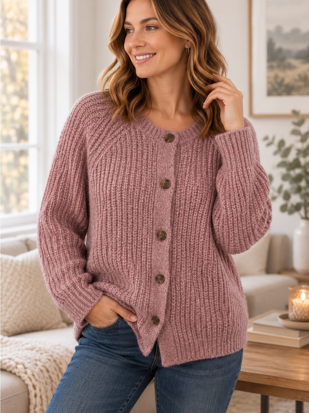 Sonoma Womens Cardigan Sweater Pink Button Front Cozy Knit XS